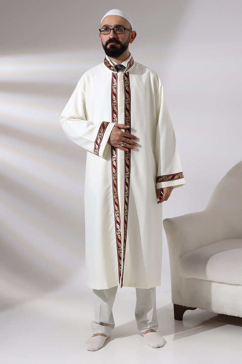 Cream Men's Prayer Dress Claret Red Pattern Embroidered Judge Collar Imam Robe - 1