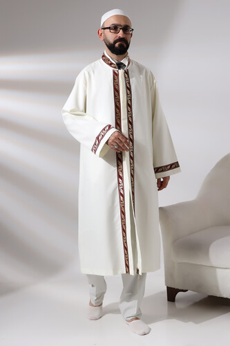 Cream Men's Prayer Dress Claret Red Pattern Embroidered Judge Collar Imam Robe - 2