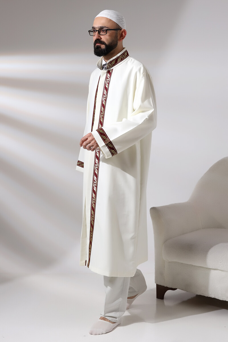 Cream Men's Prayer Dress Claret Red Pattern Embroidered Judge Collar Imam Robe - 3