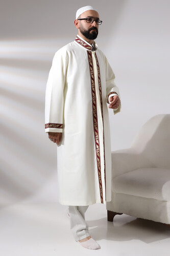 Cream Men's Prayer Dress Claret Red Pattern Embroidered Judge Collar Imam Robe - 4