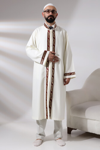 Cream Men's Prayer Dress Claret Red Pattern Embroidered Judge Collar Imam Robe - 6