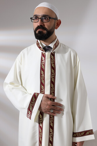 Cream Men's Prayer Dress Claret Red Pattern Embroidered Judge Collar Imam Robe - 7