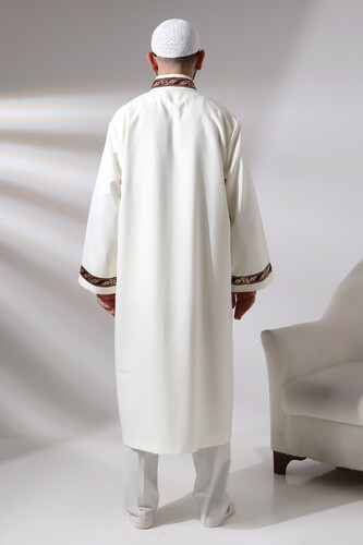 Cream Men's Prayer Dress Claret Red Pattern Embroidered Judge Collar Imam Robe - 9