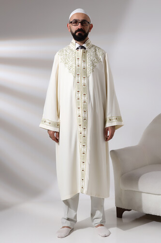 Cream Men's Prayer Dress, Judge Collar, Embroidered Imam Robe - 1