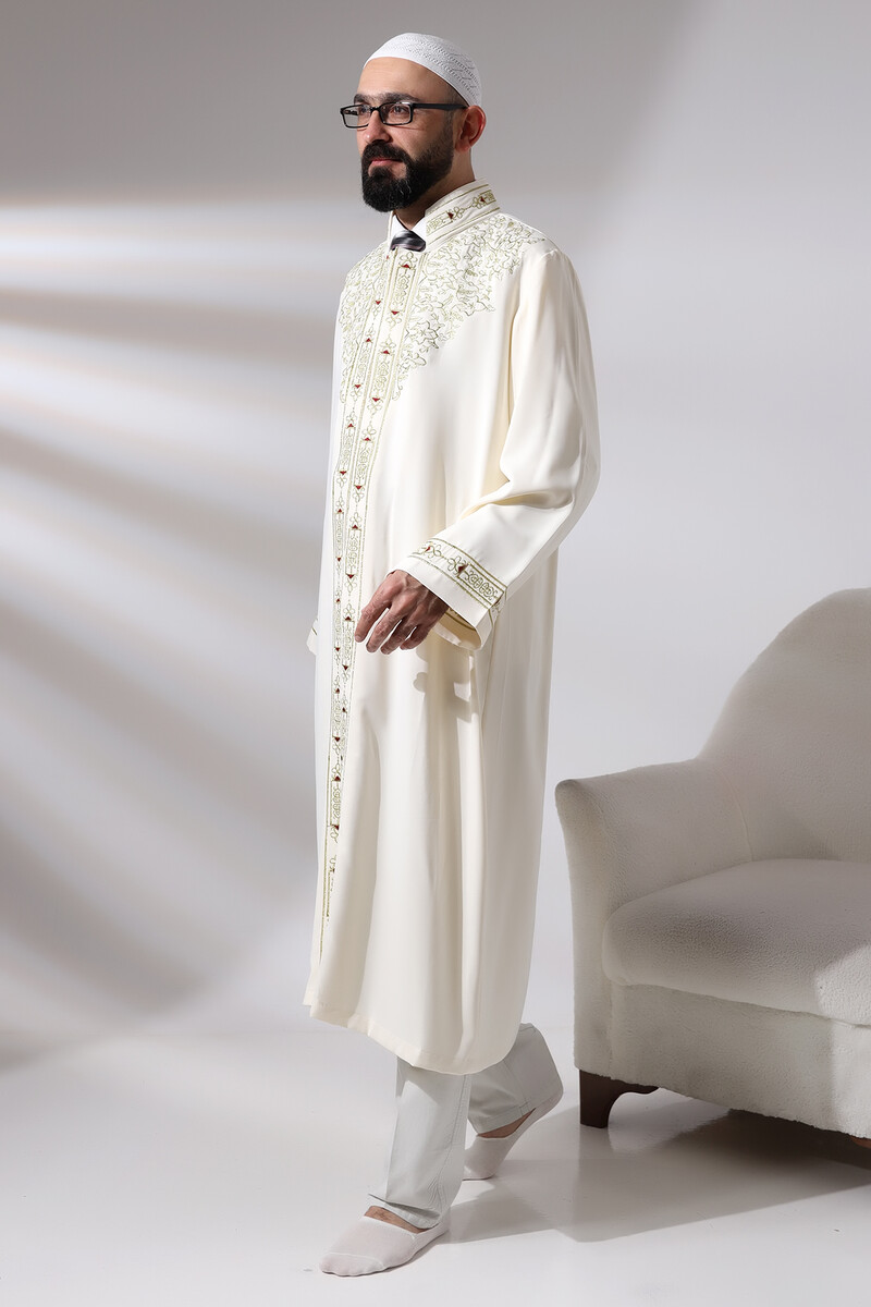 Cream Men's Prayer Dress, Judge Collar, Embroidered Imam Robe - 2