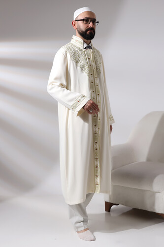 Cream Men's Prayer Dress, Judge Collar, Embroidered Imam Robe - 3