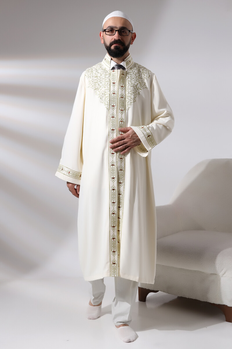 Cream Men's Prayer Dress, Judge Collar, Embroidered Imam Robe - 4