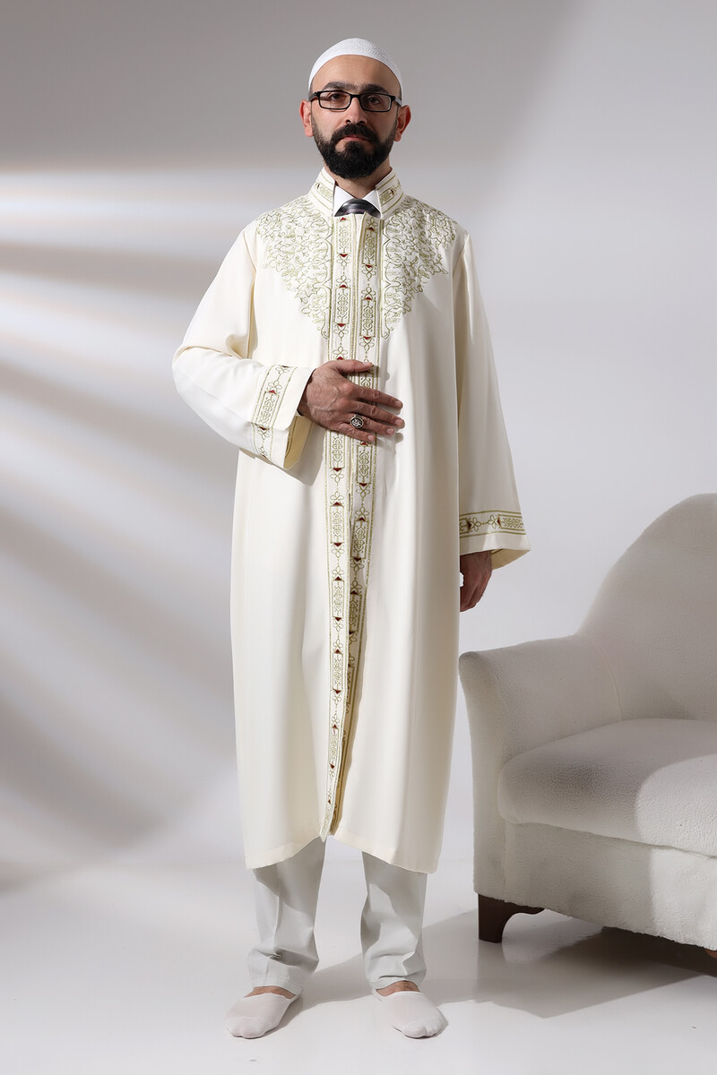 Cream Men's Prayer Dress, Judge Collar, Embroidered Imam Robe - 6