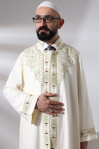 Cream Men's Prayer Dress, Judge Collar, Embroidered Imam Robe - 7