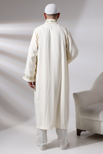 Cream Men's Prayer Dress, Judge Collar, Embroidered Imam Robe - 9