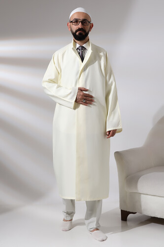 Cream Men's Prayer Dress Plain Patternless Judge Collar Imam Robe - 1