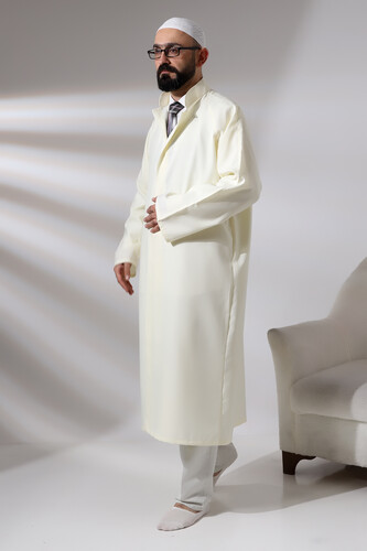 Cream Men's Prayer Dress Plain Patternless Judge Collar Imam Robe - 2