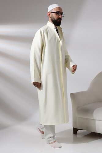 Cream Men's Prayer Dress Plain Patternless Judge Collar Imam Robe - 3