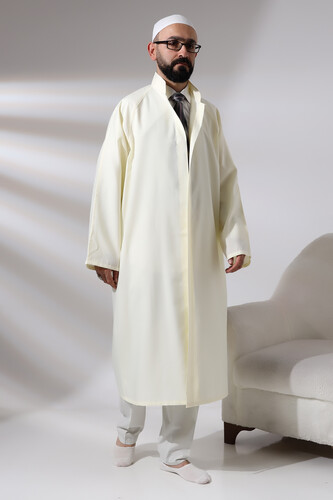 Cream Men's Prayer Dress Plain Patternless Judge Collar Imam Robe - 4