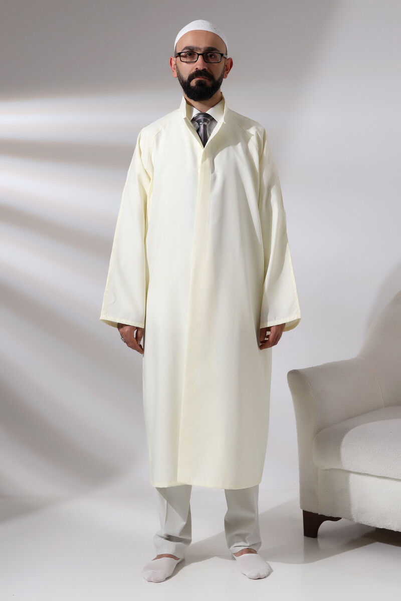 Cream Men's Prayer Dress Plain Patternless Judge Collar Imam Robe - 6