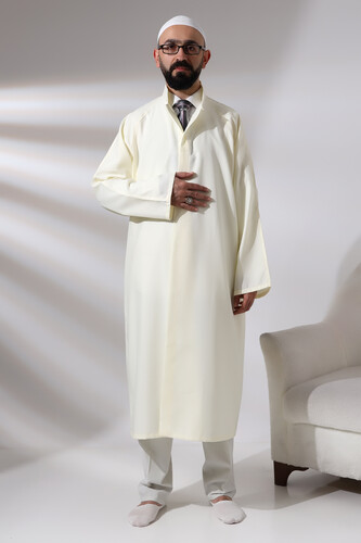 Cream Men's Prayer Dress Plain Patternless Judge Collar Imam Robe - 7