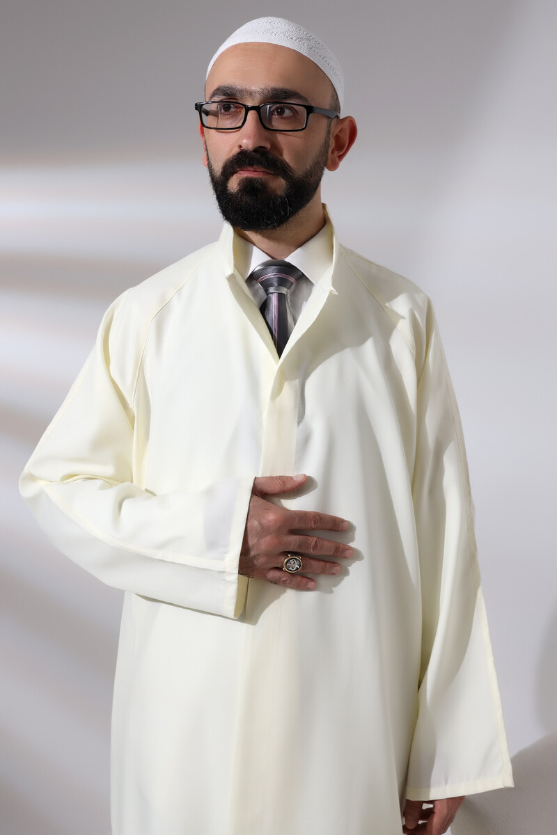 Cream Men's Prayer Dress Plain Patternless Judge Collar Imam Robe - 8