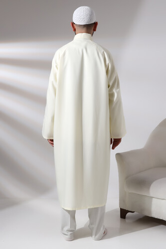 Cream Men's Prayer Dress Plain Patternless Judge Collar Imam Robe - 9