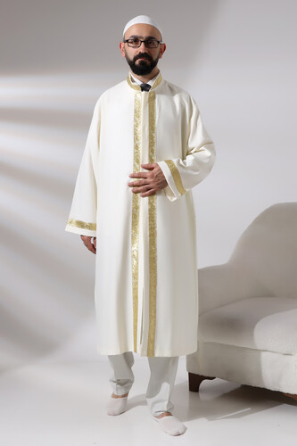 Cream Men's Prayer Dress Rose Pattern Embroidered Judge Collar Imam Robe - 1