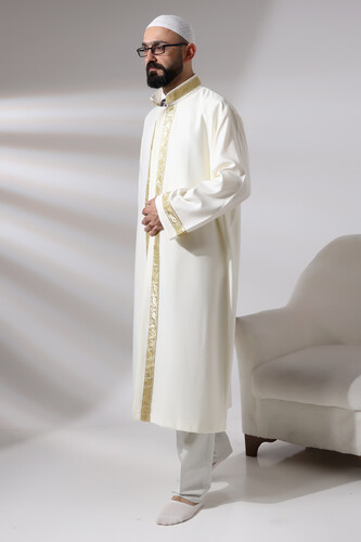 Cream Men's Prayer Dress Rose Pattern Embroidered Judge Collar Imam Robe - 2