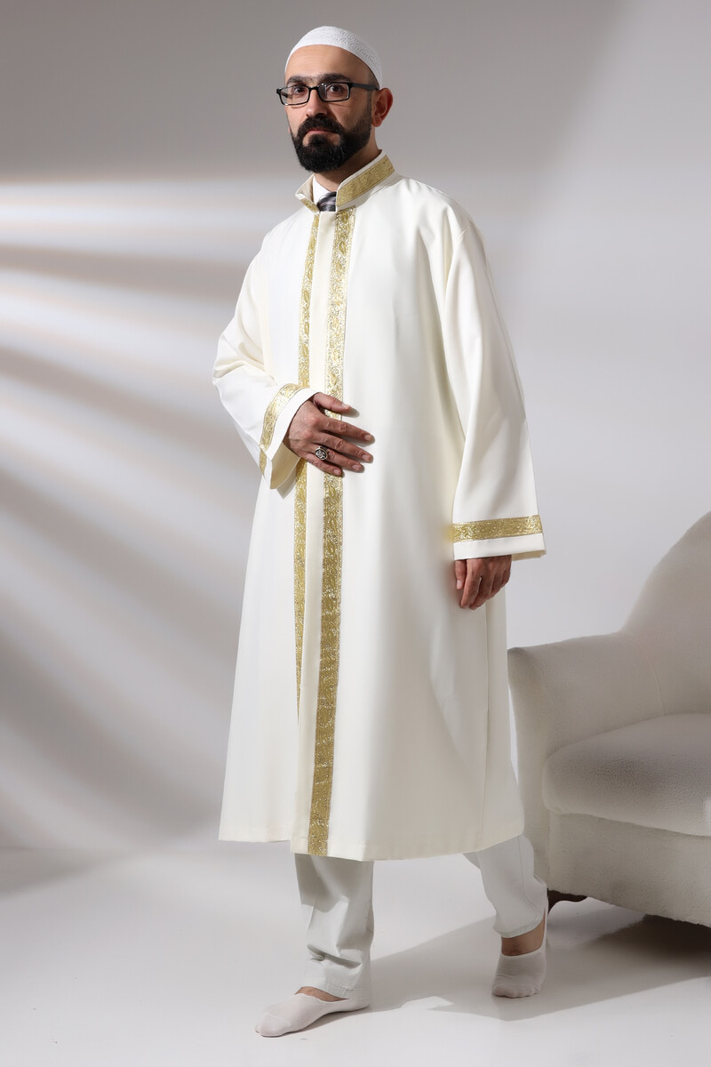 Cream Men's Prayer Dress Rose Pattern Embroidered Judge Collar Imam Robe - 3