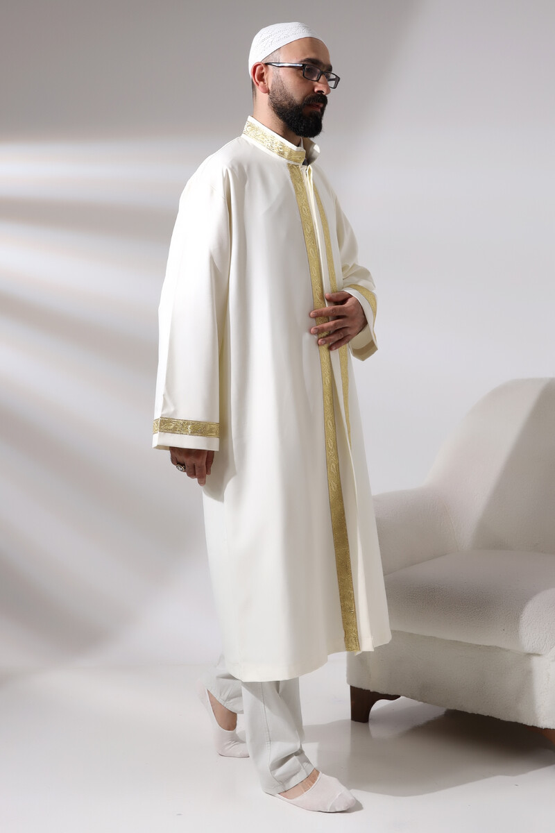 Cream Men's Prayer Dress Rose Pattern Embroidered Judge Collar Imam Robe - 4