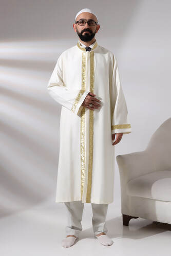 Cream Men's Prayer Dress Rose Pattern Embroidered Judge Collar Imam Robe - 6