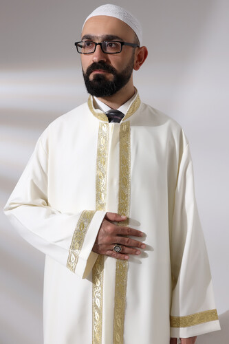 Cream Men's Prayer Dress Rose Pattern Embroidered Judge Collar Imam Robe - 7