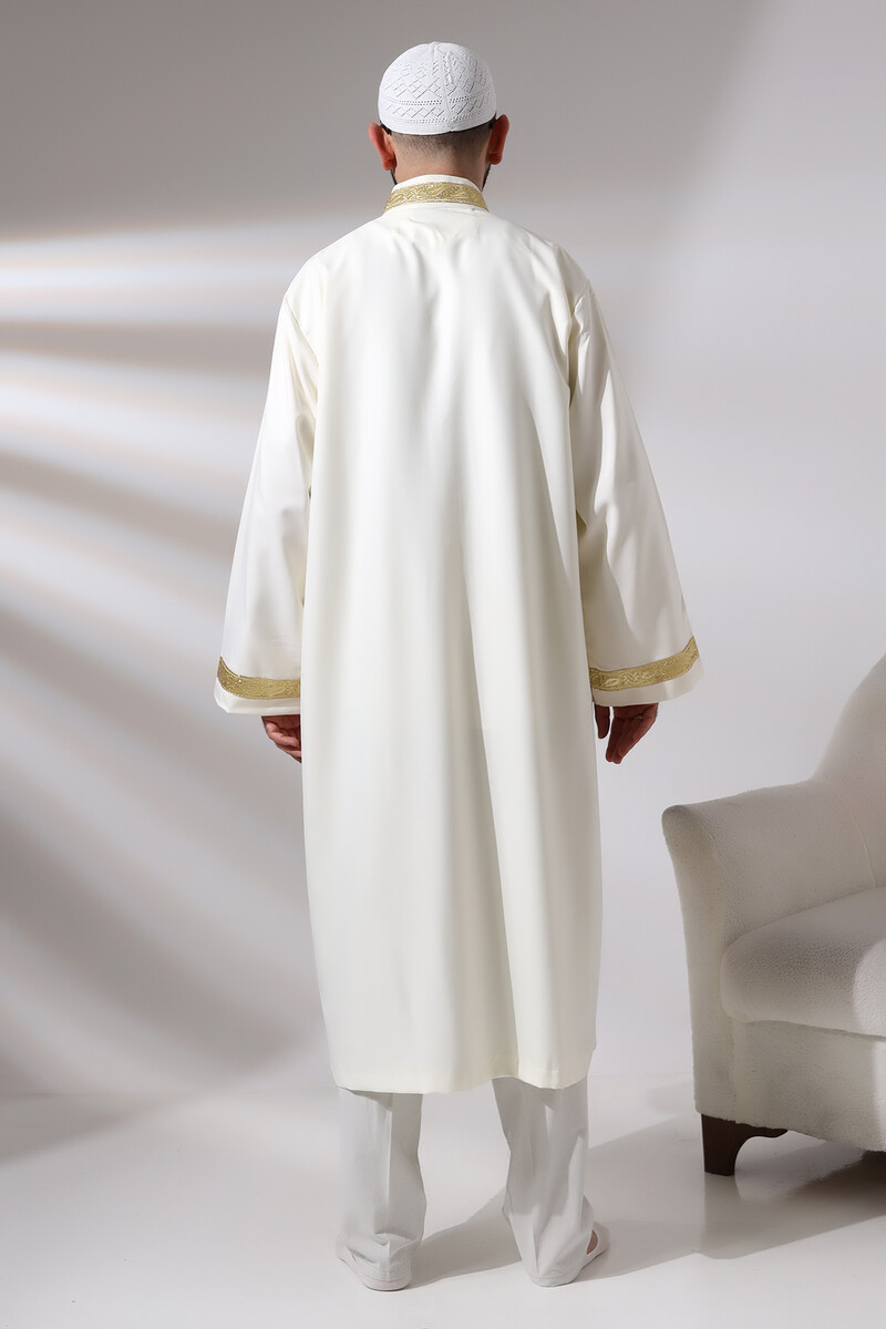 Cream Men's Prayer Dress Rose Pattern Embroidered Judge Collar Imam Robe - 9