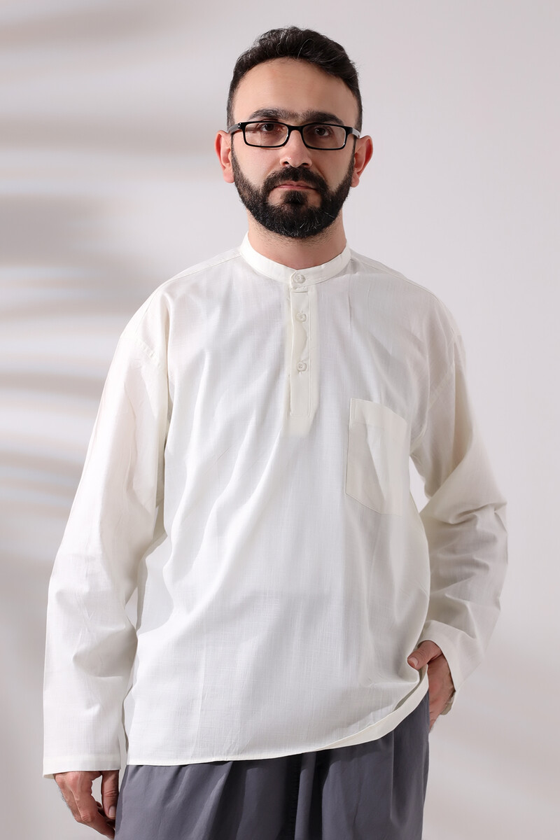 Cream Men's Relaxed Cut 3 Button Judge Collar Hajj and Umrah Linen Shirt - 1