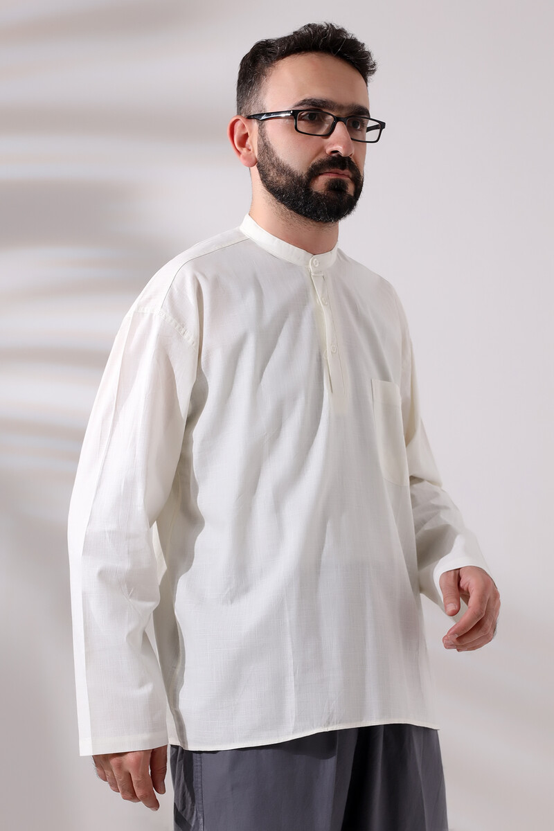 Cream Men's Relaxed Cut 3 Button Judge Collar Hajj and Umrah Linen Shirt - 2