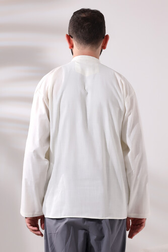 Cream Men's Relaxed Cut 3 Button Judge Collar Hajj and Umrah Linen Shirt - 3