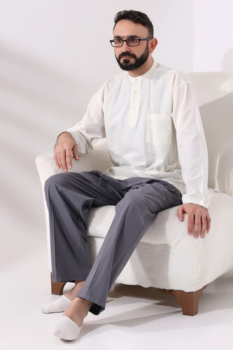 Cream Men's Relaxed Cut 3 Button Judge Collar Hajj and Umrah Linen Shirt - 6