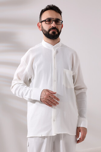 Cream Men's Relaxed Cut Collar Şile Cloth Hajj and Umrah Shirt - 1