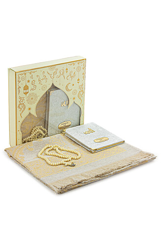 Cream Mevlüt Gift Velvet Covered Book of Yasin Prayer Beads Dowry Prayer Rug Set - 1