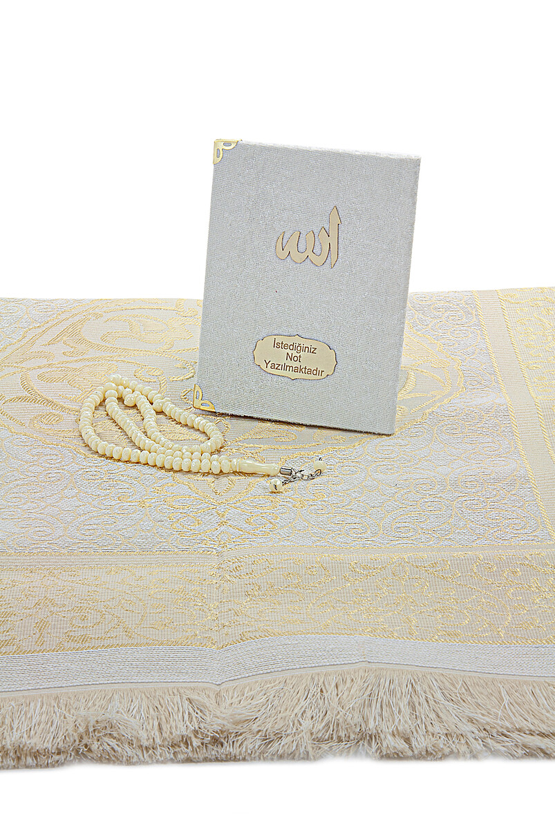 Cream Mevlüt Gift Velvet Covered Book of Yasin Prayer Beads Dowry Prayer Rug Set - 4