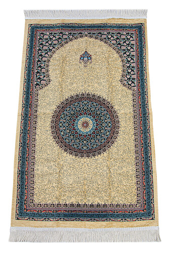 Cream Traditional Motif Knitted Fringed Mihrab Lined Chenille Prayer Rug - 1