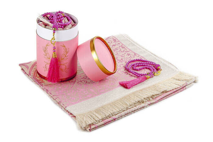 Custom Cylinder Box Set Pink Color With Prayer Rug and Pearl Rosary - 2