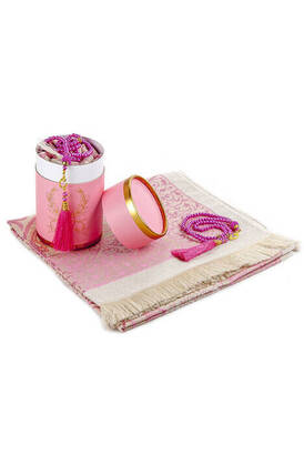 Custom Cylinder Box Set Pink Color With Prayer Rug and Pearl Rosary - 1