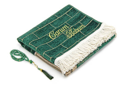 Custom Name Embroidered Kaaba Door Model Patterned Chenille Prayer Rug Green - 2