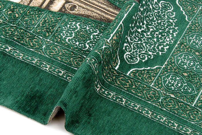 Custom Name Embroidered Kaaba Door Model Patterned Chenille Prayer Rug Green - 4