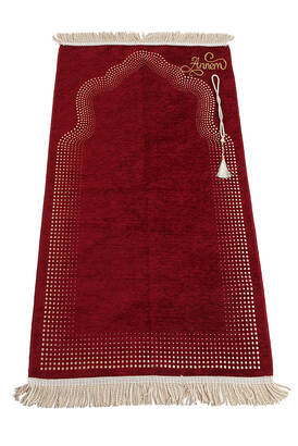 Custom Name Embroidered Mihrab Pattern Plain Chenille Prayer Rug Claret Red - 1