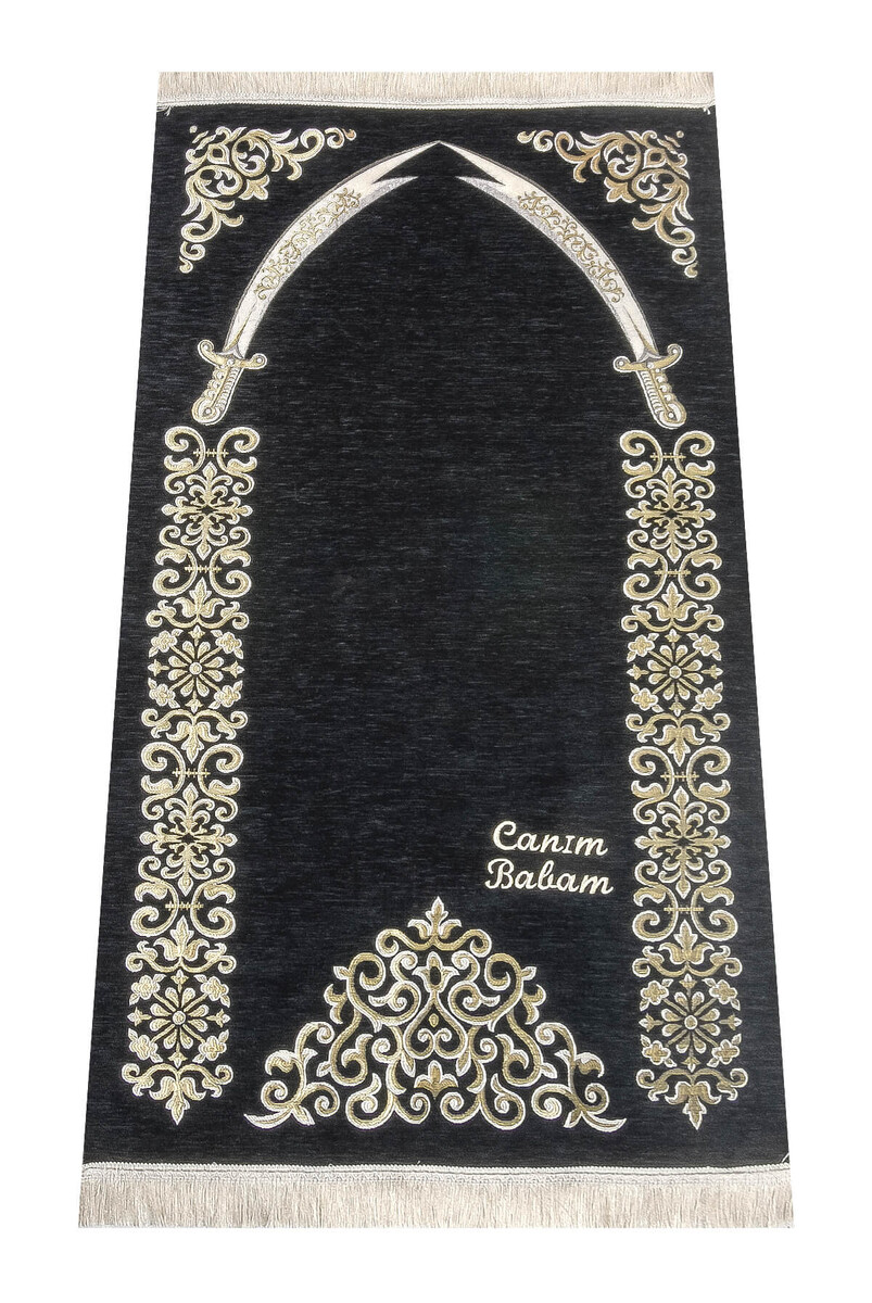 Custom Name Embroidered Zülfikar Patterned Ultra Plus Chenille Prayer Rug Black Color - 1