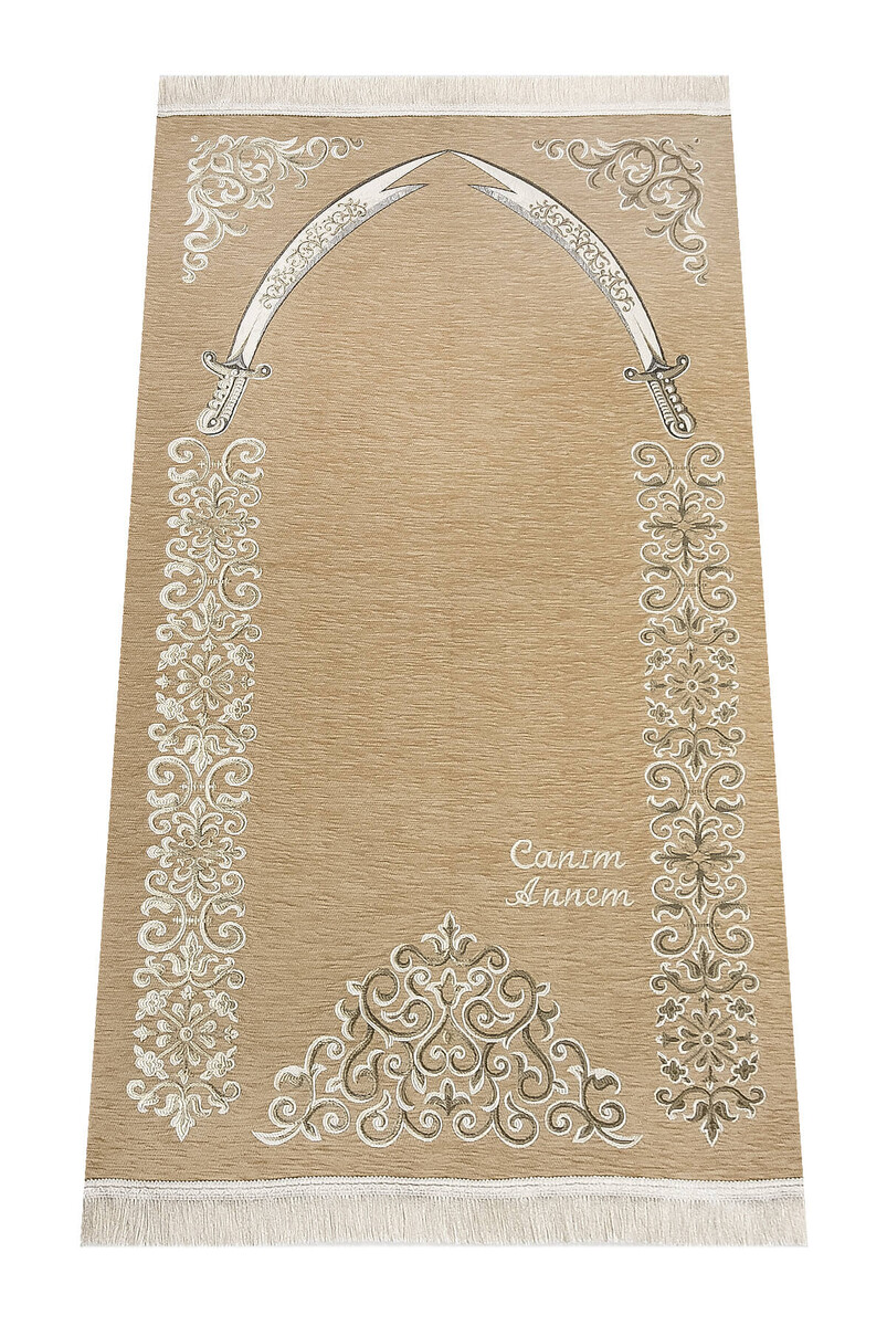 Custom Name Embroidered Zülfikar Patterned Ultra Plus Chenille Prayer Rug Gold Color - 1