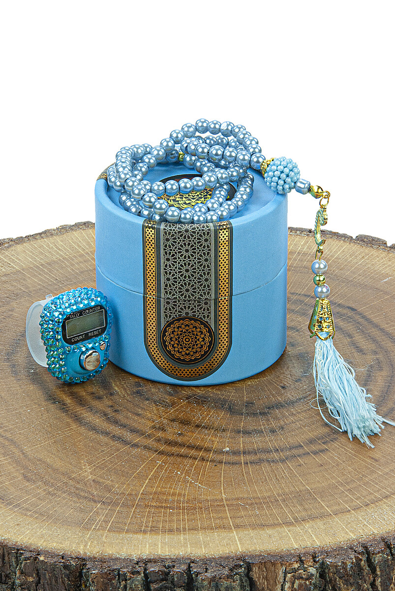 Cylinder Boxed Pearl Rosary and Stone Zikirmatik Mevlüt Gift Set Blue - 1