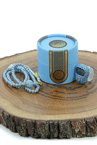 Cylinder Boxed Pearl Rosary and Stone Zikirmatik Mevlüt Gift Set Blue - 2