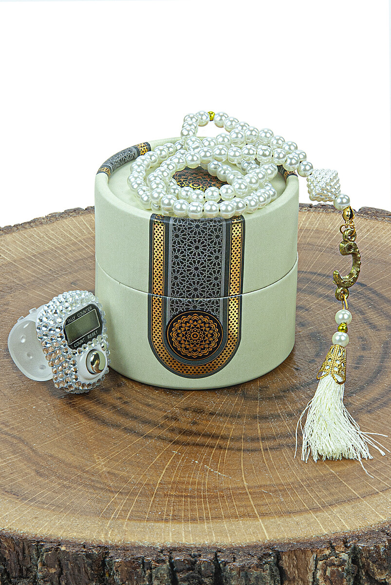 Cylinder Boxed Pearl Rosary and Stone Zikirmatik Mevlüt Gift Set Cream-White - 1