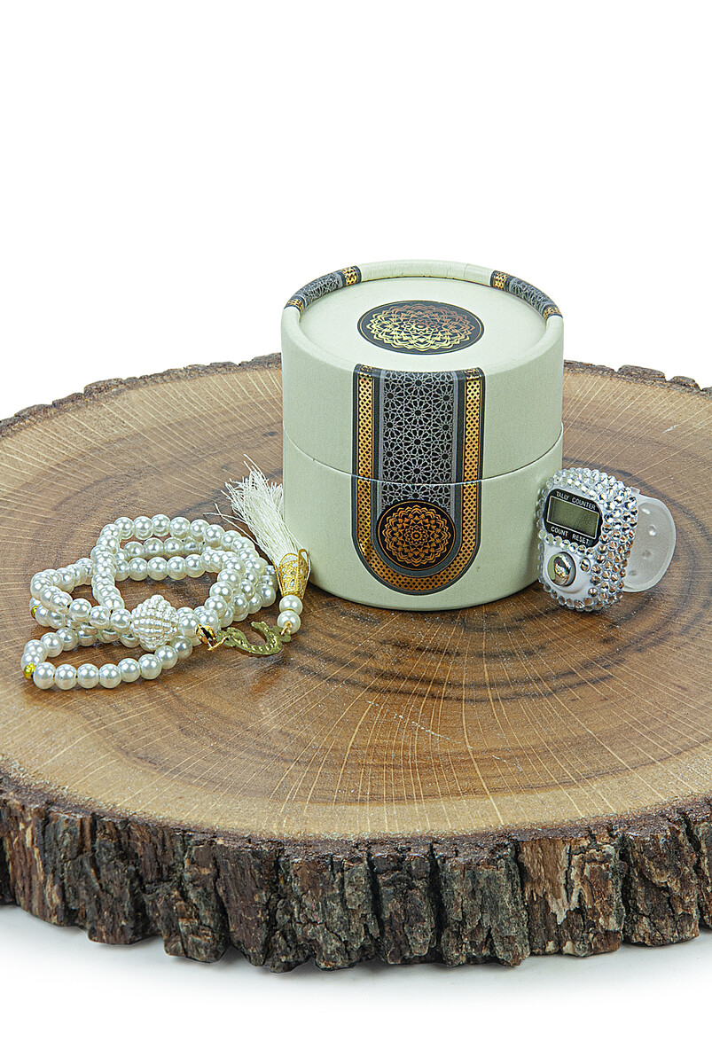 Cylinder Boxed Pearl Rosary and Stone Zikirmatik Mevlüt Gift Set Cream-White - 2