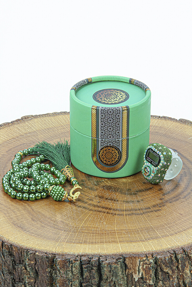 Cylinder Boxed Pearl Rosary and Stone Zikirmatik Mevlüt Gift Set Green - 2