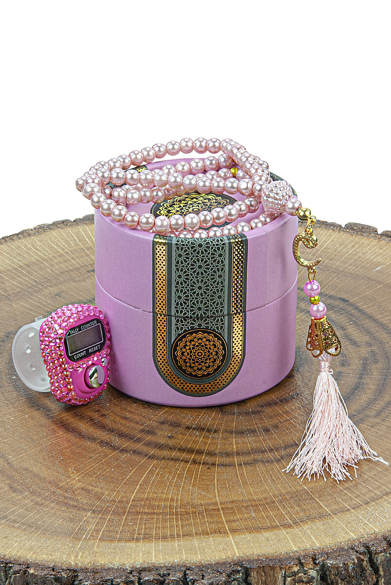 Cylinder Boxed Pearl Rosary and Stone Zikirmatik Mevlüt Gift Set Pink - 1